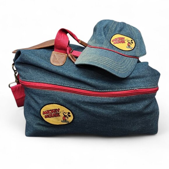 Disney Vintage 90's Expandable Duffle Cotton Denim Leather Weekend Bag & Hat - Picture 1 of 15